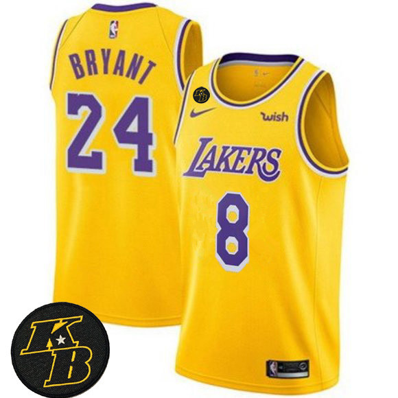 Men's Los Angeles Lakers Front #8 Back #24 Custom Kobe Bryant With KB Patch Yellow Stitched NBA Jersey